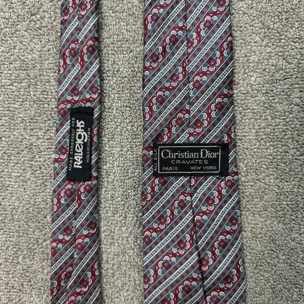 Christian Dior Cravates Silk Tie Grey Red Floral Medallion Stripe Raleighs Mens
